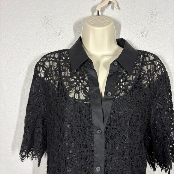 Vintage Y2K DKNY Lace Shirt Dress Black Casual Modest Elbow Sleeve Slip Lined L - Picture 4 of 8